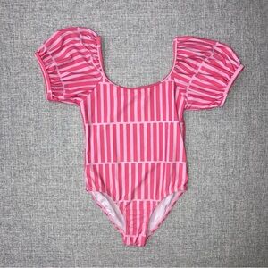 Pink Striped Puff Sleeve Swimsuit Coral Reef 6/7 VGUC